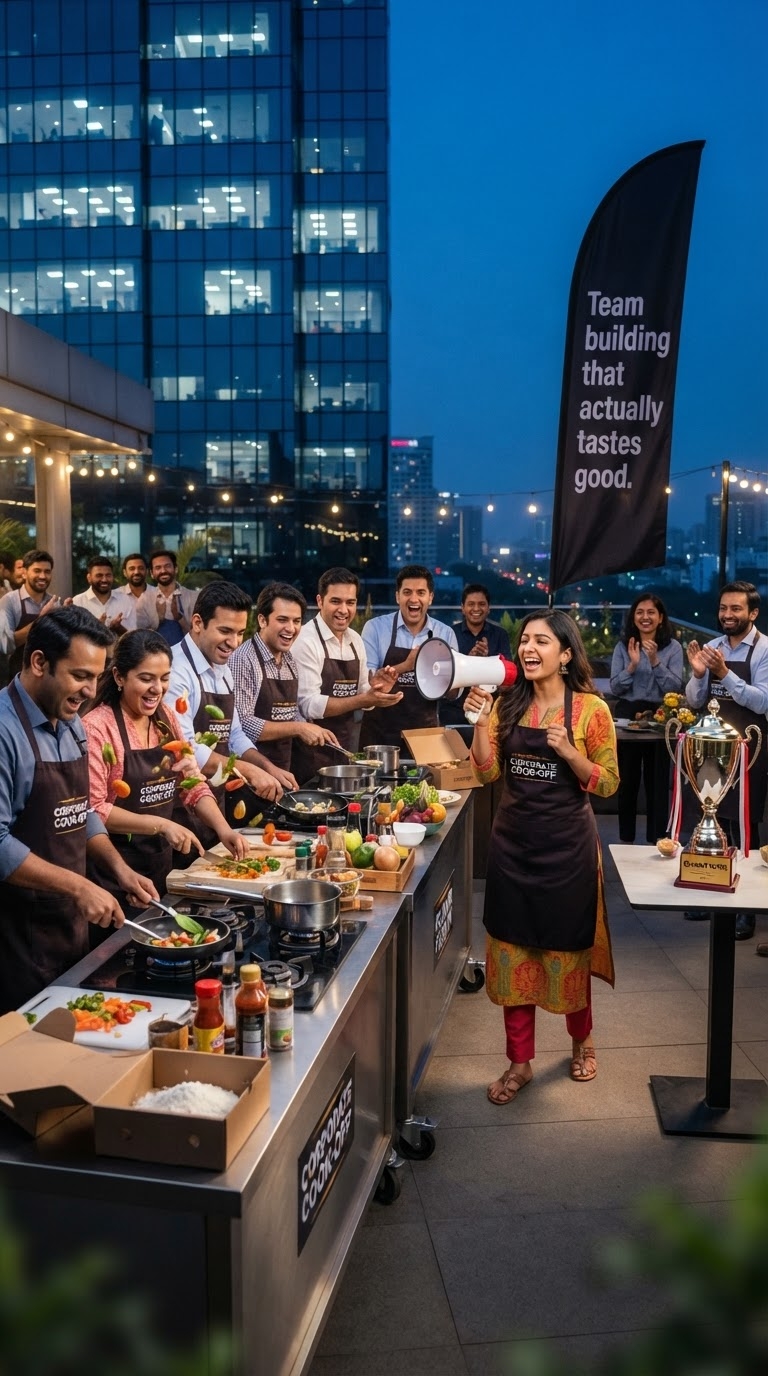 Colleagues taking part in an outdoor cooking challenge