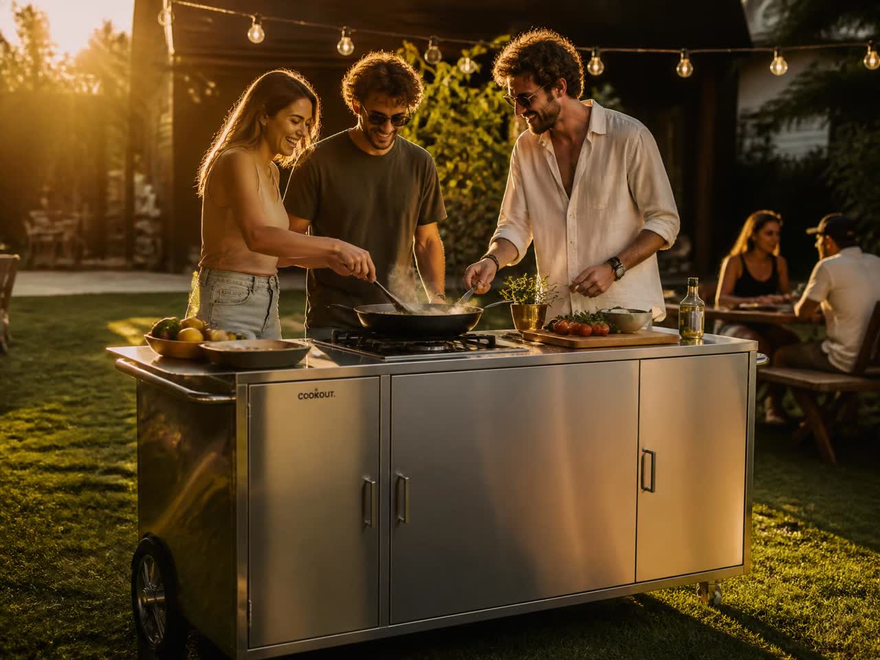 Friends cooking together at a mobile kitchen pod on a lawn