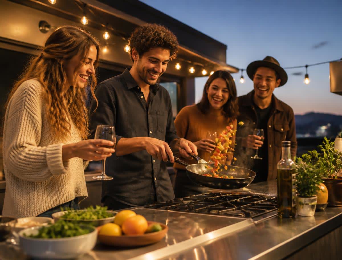 Friends cooking and tasting together outdoors