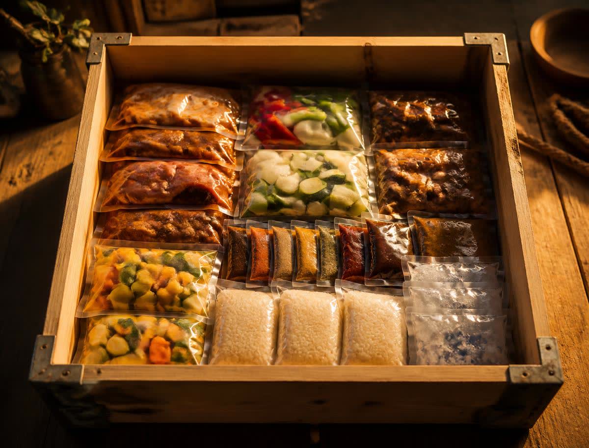 A cooking crate filled with labelled, prepped ingredients