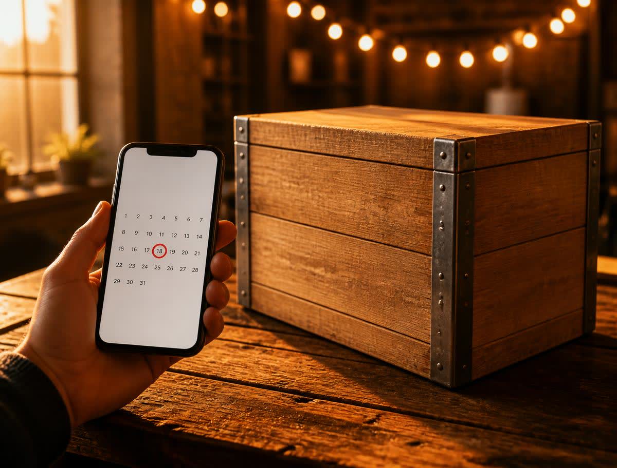 A hand holding a phone with one date circled on the calendar, beside a sealed wooden crate on a rustic table
